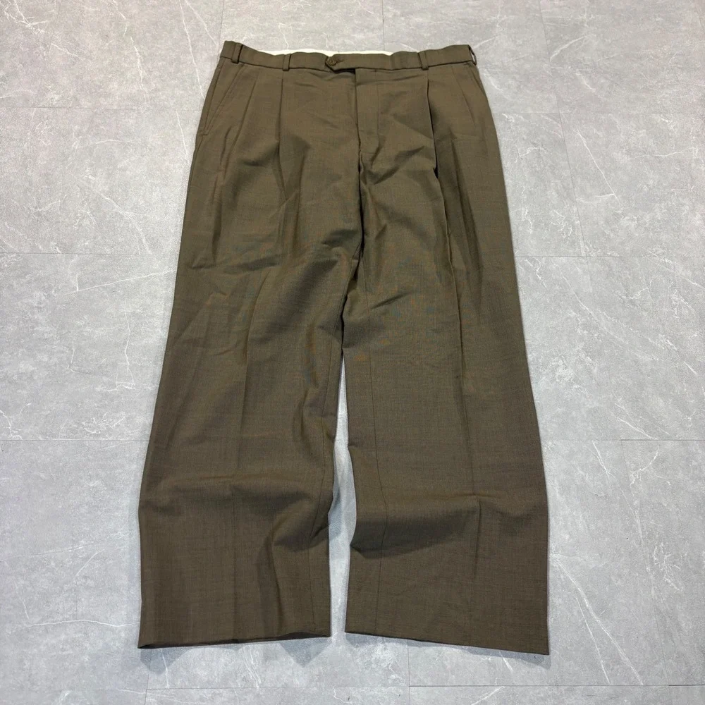 Stafford Washable Wardrobe Mens Pleated Dress Pants Brown Wool Blend 38x30